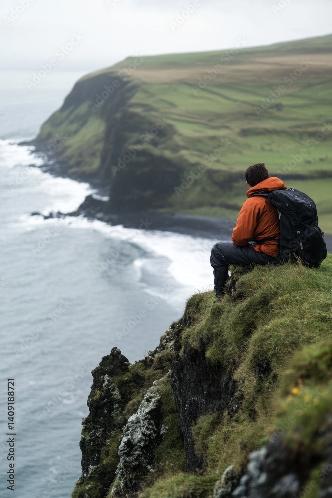 Fototapeta premium Adventure Traveler Overlooking Scenic Coastal Cliffs and Ocean View.