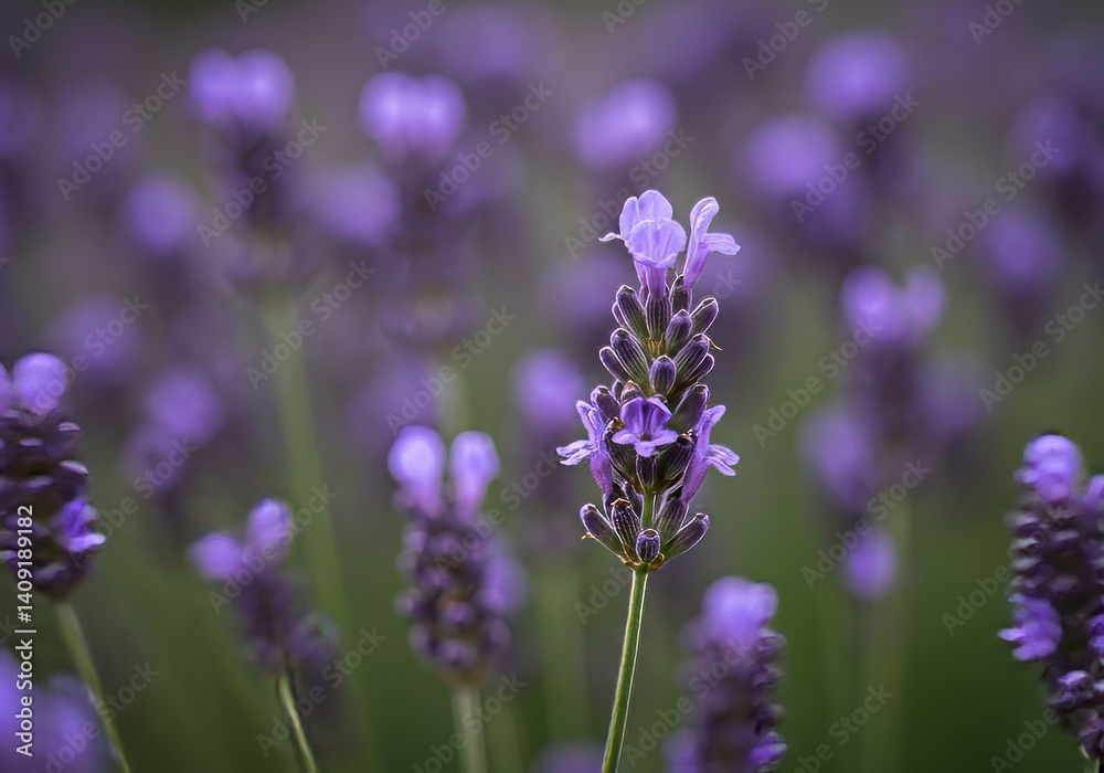Obraz premium Close-up of a lavender stalk in a blurred purple field.