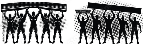 A muscular worker holding up a steel beam overhead, feet firmly planted — retro halftone backdrop.