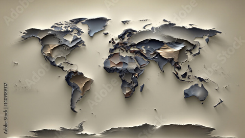 A world mapping design where shades gradate. The artwork creates an illusion of curvature, making the map seem almost spherical despite its flat representation.