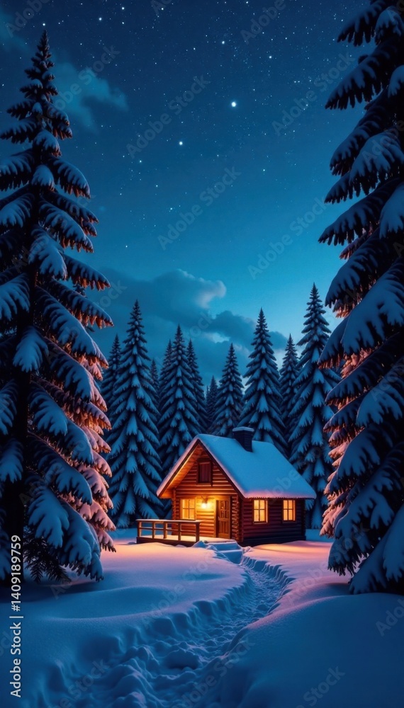 Fototapeta premium Cozy Cabin in Snowy Forest under Starry Night Sky, wooden, cabin, snowy