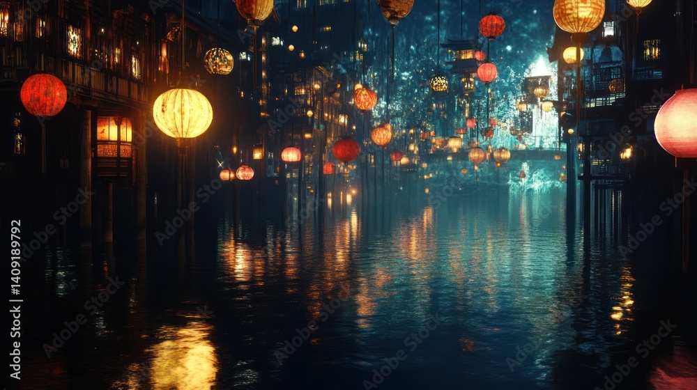 Obraz premium Mystical lantern festival reflecting on the shimmering waters of a serene canal