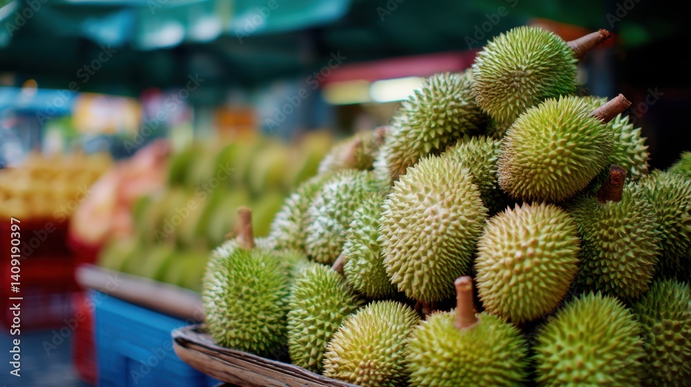 Fototapeta premium Pile of fresh green durian fruits at a market stall in Asia vibrant colors and spiky texture delicious tropical fruit close up shot with shallow depth of field