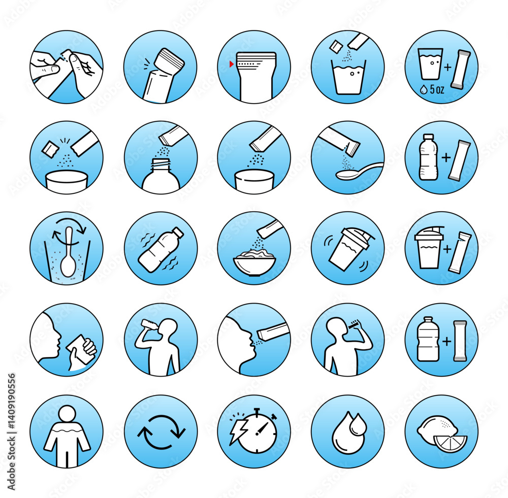 This set of icons for stick packaging includes steps for preparing, mixing, and consuming. Vector elements for infographics. Set of sign for detailed guideline. Ready for your design. EPS10. This set of icons for stick packaging includes steps for preparing, mixing, and consuming. Vector elements for infographics. Set of sign for detailed guideline. Ready for your design. EPS10.