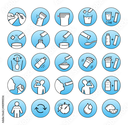 This set of icons for stick packaging includes steps for preparing, mixing, and consuming. Vector elements for infographics. Set of sign for detailed guideline. Ready for your design. EPS10.