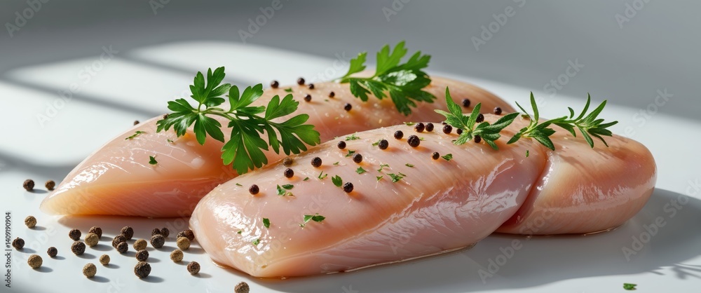 Raw Chicken Breast Fillets Garnished with Green Herbs and Peppercorns. Raw Chicken Breast Fillets Garnished with Green Herbs and Peppercorns.