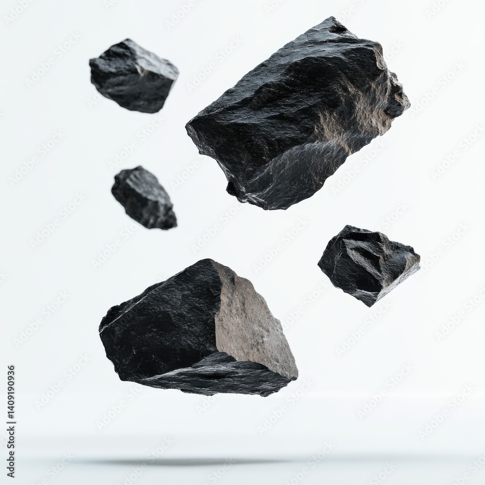 Naklejka premium Floating Black Rocks: Minimalist Abstract Composition