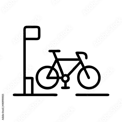 Minimalist bicycle icon with parking sign on white background