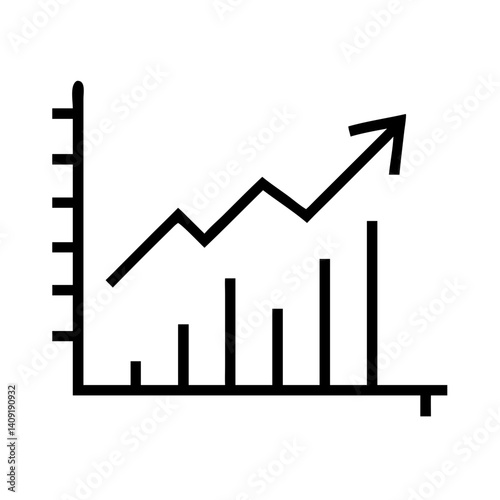 Line and bar graph with upward trend arrow depicting growth and progress