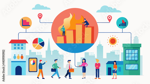 A geographical heat chart displaying customer visits in a popular retail district aiding businesses in understanding customer behavior.. Vector illustration