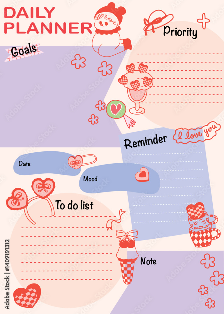 Obraz premium Cute Daily Planner Template, back to school, all about me, hand drawn and calligraphy 
