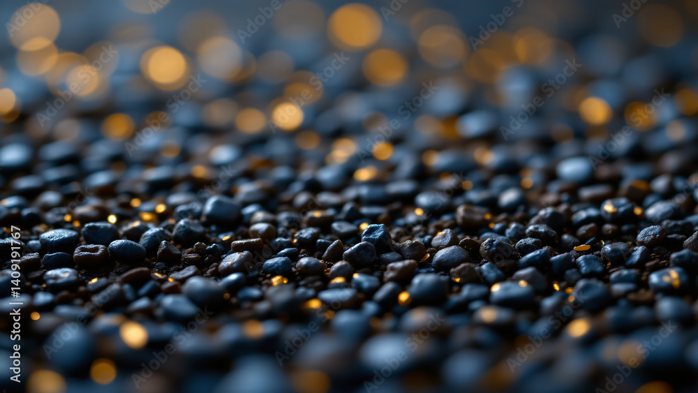Obraz premium Deep azure and charcoal grains glimmer faintly, punctuated by luminous, muted gold flecks, all softly blurred to create a banner like backdrop.