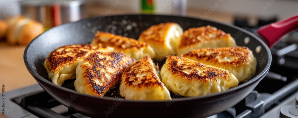 Delicious Pan-Fried Dumplings Served in a Non-Stick Frying Pan on a Modern Kitchen Stove Delicious Pan-Fried Dumplings Served in a Non-Stick Frying Pan on a Modern Kitchen Stove