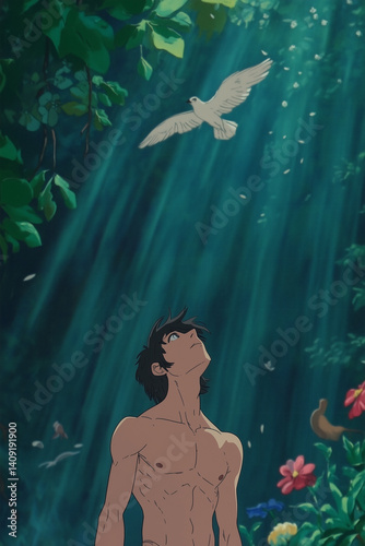 Cartoon series - A highly realistic and dramatic image of Adam, the first human according to the Bible, moments after being created by God.