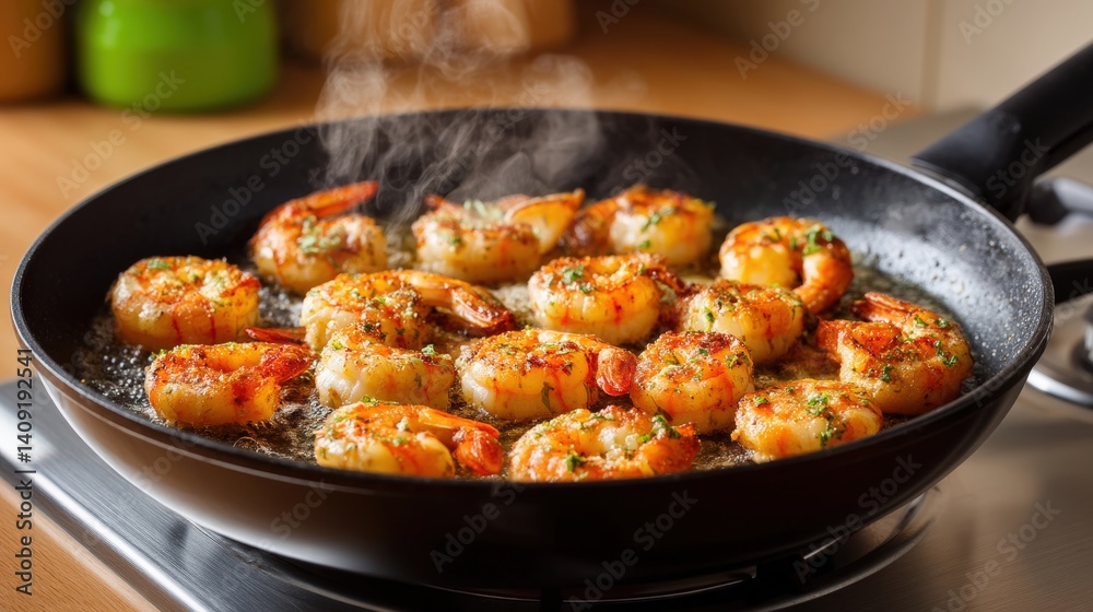 Delicious Shrimp Cooking in Pan with Spices and Aromatic Herbs in Kitchen Setting