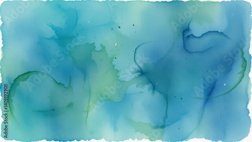 An intriguing watercolor surface in teal, blue, and green, showcasing the unique characteristics of the medium with its natural imperfections and variations in tone.