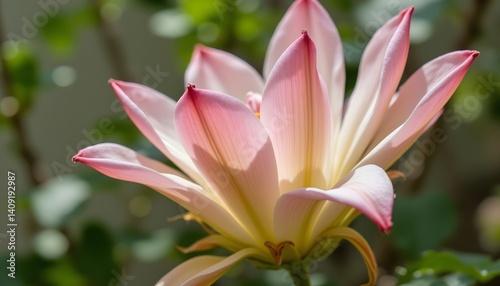 The fragile petals of the flower flutter softly in the gentle breeze, their delicate hues dancing in the sunlight as they gradually unfurl in a tranquil outdoor setting.