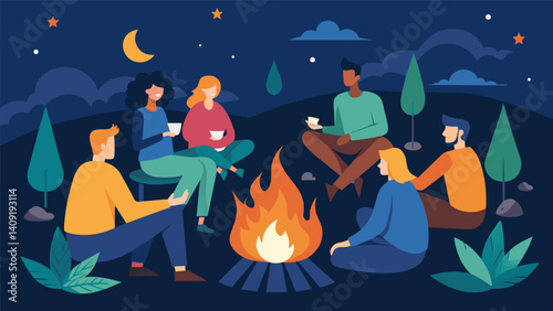As the night winds down guests gather around a bonfire roasting marshmallows and sharing stories as they reflect on the wonderful sopes party they just experienced.. Vector illustration