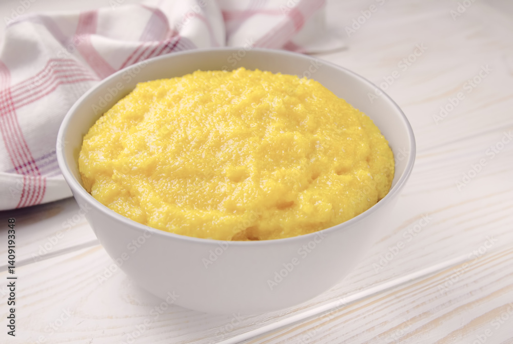 Delicious corn porridge in a bowl on a white wooden table. Delicious corn porridge in a bowl on a white wooden table.