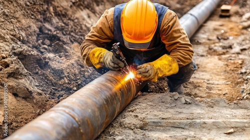 Construction worker welding pipes at an industrial site. Featuring precision and focus