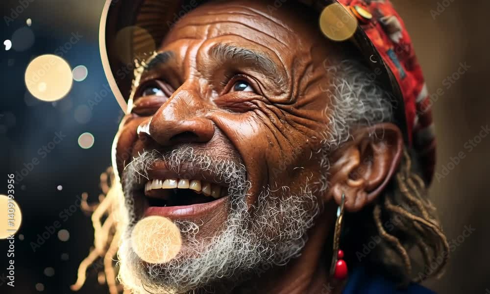 A joyful elderly man with intricate facial features exudes warmth and happiness, surrounded by a lively atmosphere filled with lights and excitement during an evening gathering in the city A joyful elderly man with intricate facial features exudes warmth and happiness, surrounded by a lively atmosphere filled with lights and excitement during an evening gathering in the city