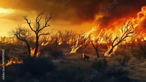 A wildfire ravaging a dry forest. Featuring towering flames and scorched trees