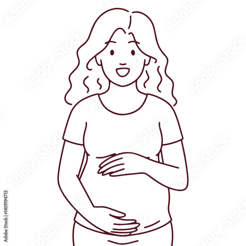 Black and white outline of Expecting woman standing with hands on belly, smiling calmly. Illustration of happy pregnant mother embracing her baby bump, representing maternity, prenatal care