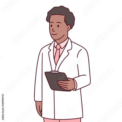 Dark-skinned male doctor stands in white coat and holds clipboard, ready to consult patients. Illustration of confident healthcare professional focused on patient diagnosis