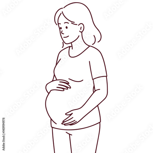 Black and white outline of a pregnant woman holding her belly. Monochrome line art illustrating motherhood and prenatal health in minimal clean style