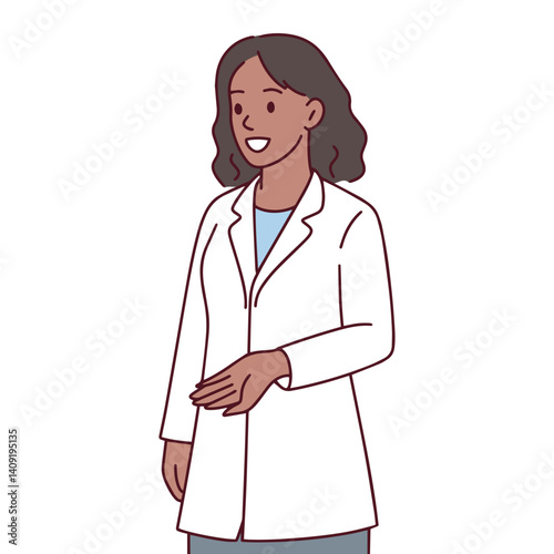Dark-skinned female doctor stands in white coat, confident and composed. Represents strong medical professionalism and readiness for clinical consultation