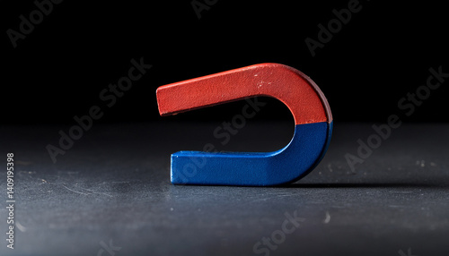Horseshoe red blue magnet isolated on dark backdrop.
