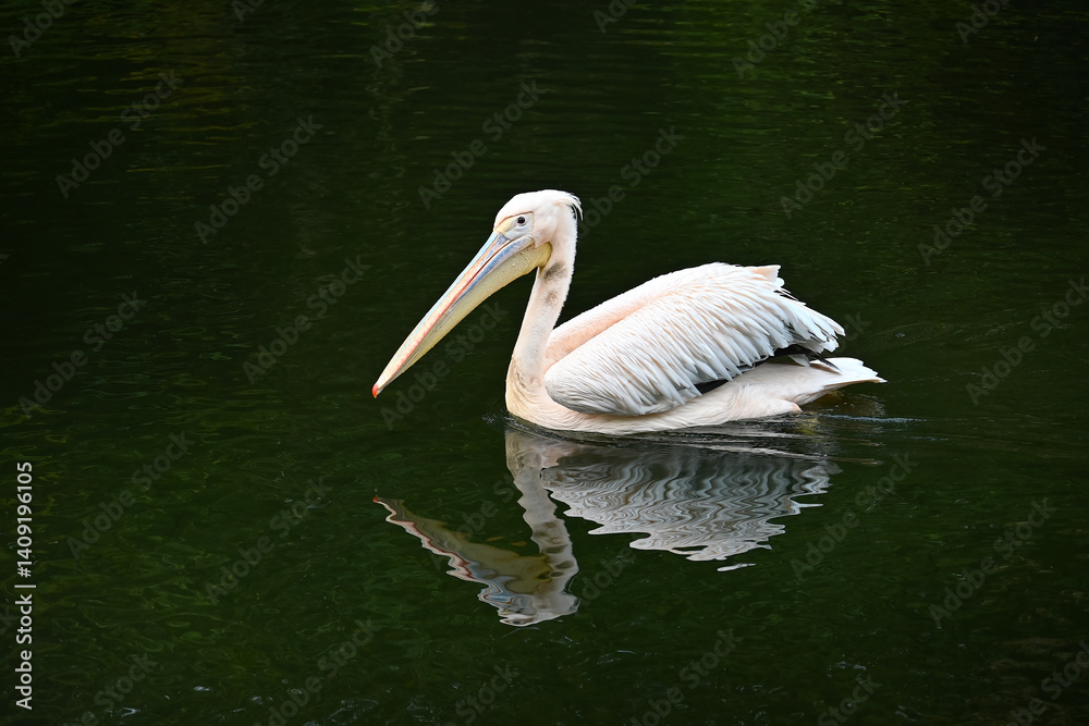 Graceful White Pelican Gliding on Tranquil Lake Waters Graceful White Pelican Gliding on Tranquil Lake Waters