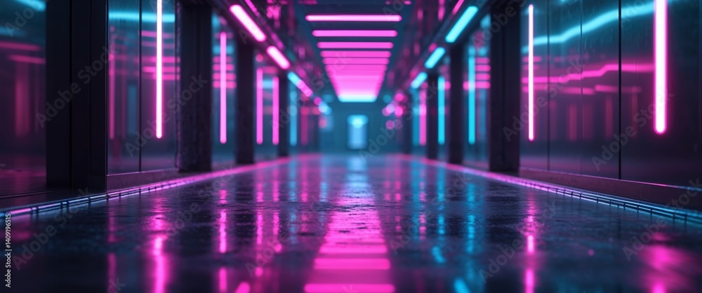Fototapeta premium Futuristic Neon Corridor Pink and Blue Glowing Lights Reflect on Dark Floor