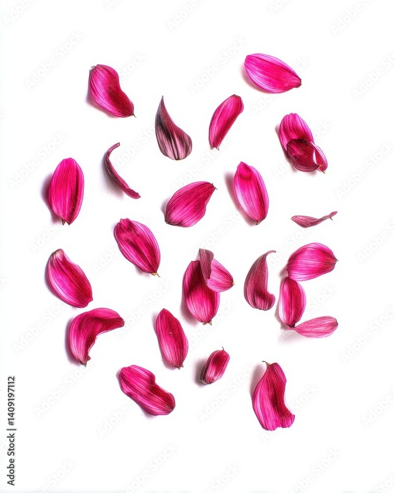 Fototapeta premium Scattered magenta petals on pristine white background create a minimalist floral arrangement with soft shadows and delicate texture