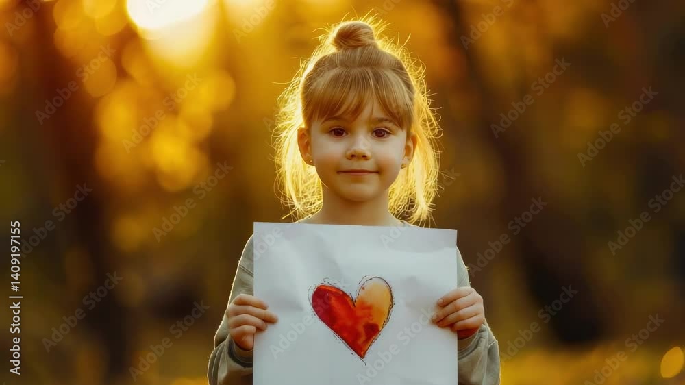 the child is holding a sheet of paper with a heart. selective focus
