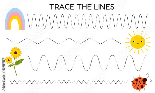 Trace the line page for kids with ladybug, sun, rainbow and sunflower. Handwriting practice sheet. Preschool worksheet, kindergarten tracing worksheet for practicing fine motor skills.