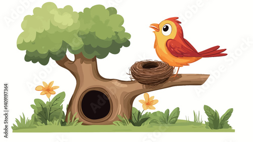 A digital illustration depicting a cartoon bird with reddish-orange plumage perched on a tree branch.  The bird is positioned near an empty bird's nest nestled in the crook of the branch
