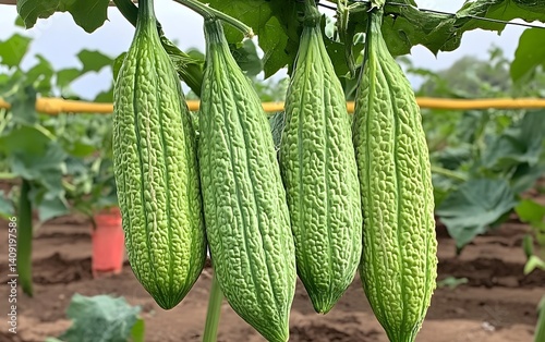 Fresh Green Bitter Melons Hanging on Vine in Farm
