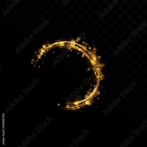 Glowing swirling light stream with  gold dust and bokeh.Sparkling light trails.  Glowing shiny spiral lines effect.