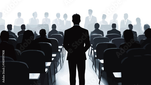 The image is a monochrome silhouette photograph depicting a businessman standing with his back to the camera, addressing a large audience seated in rows of chairs. 