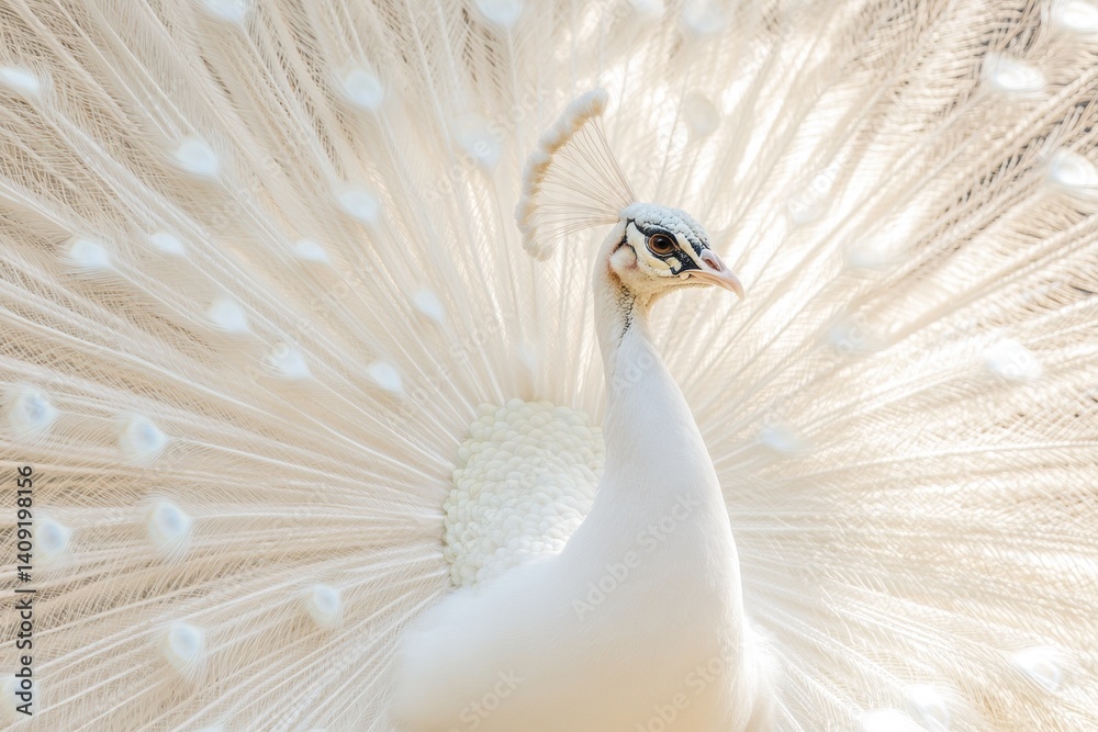 Fototapeta premium White peacock showing its beautiful plumage in nature reserve