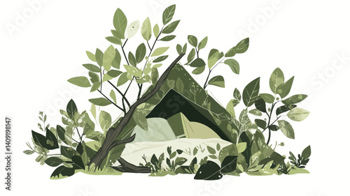 A digital illustration depicting a stylized, dark-green tent or shelter nestled amongst vibrant green foliage. The style is minimalist and flat, with simplified forms and limited color palettes.