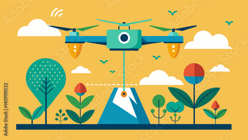 Realtime data and mapping technology being used to guide a farming drone as it precisely drops seeds in designated locations.. Vector illustration