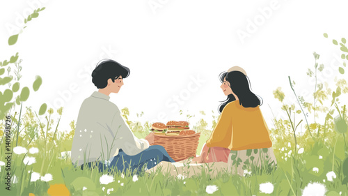 Digital illustration depicting a young couple seated on a blanket in a grassy field, enjoying a picnic.  The style is cartoonish with soft lines and pastel colors
