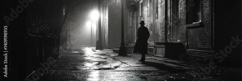 Man stands in dark wet city street under a street light at night.