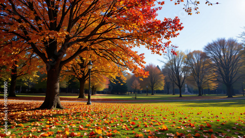 A serene park scene unfolds under a crisp autumn sky. The trees are ablaze with hues of crimson, gold, and russet, their leaves beginning to loosen and drift earthward