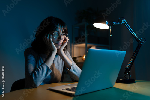 Tired woman working late at night using laptop at home office.
