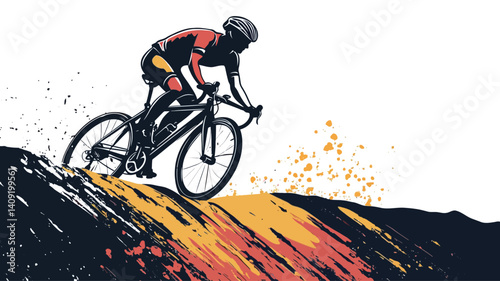 Stylized vector illustration of a cyclist ascending a hill. The image uses a bold graphic style with splashes of color mimicking paint strokes to represent the hill and background. 