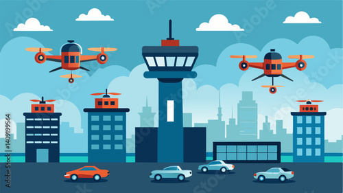 A swarm of drones can be seen flying around the parking towers conducting maintenance and repairs on the parked air taxis.. Vector illustration
