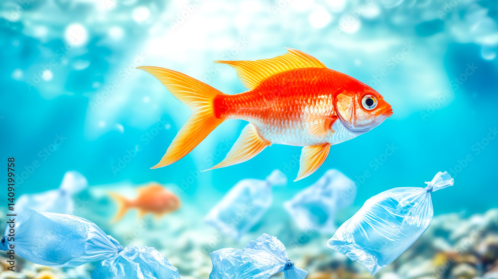 Naklejka premium Goldfish swimming near plastic bags in polluted ocean